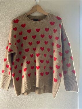 Heart Print Crewneck Sweater - Red Hearts on Camel